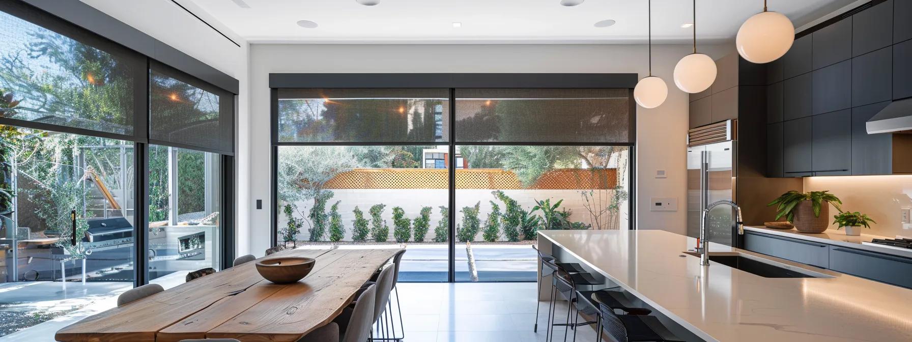 a bright, airy kitchen in los angeles transformed with sleek, cordless blackout shades for maximum darkness and comfort.