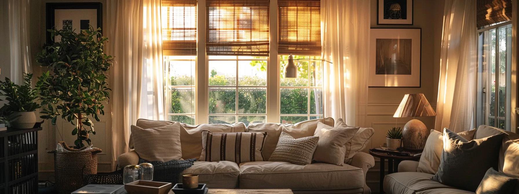 a cozy living room in a los angeles residence with elegant, dark room darkening shades complementing the stylish roman shades and curtains, creating a tranquil and insulated ambiance.