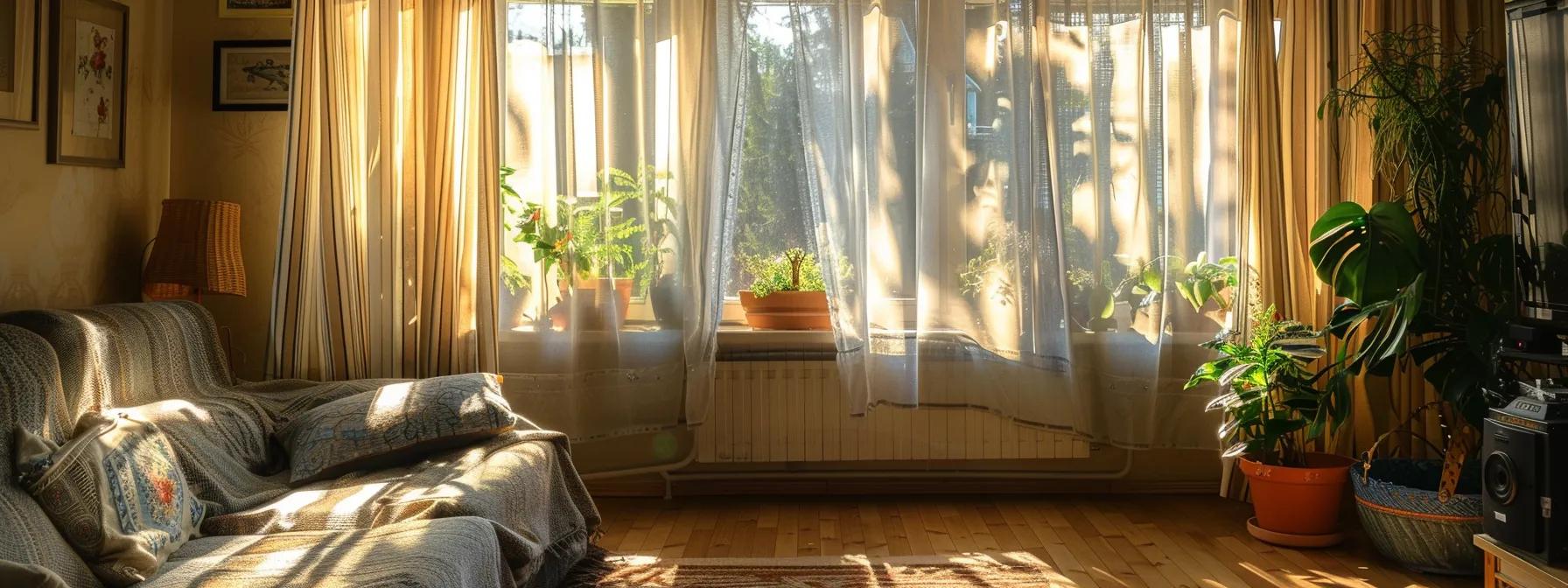 a cozy living room with homemade curtains made from repurposed fabric, showcasing a blend of creativity and thriftiness in window coverings.