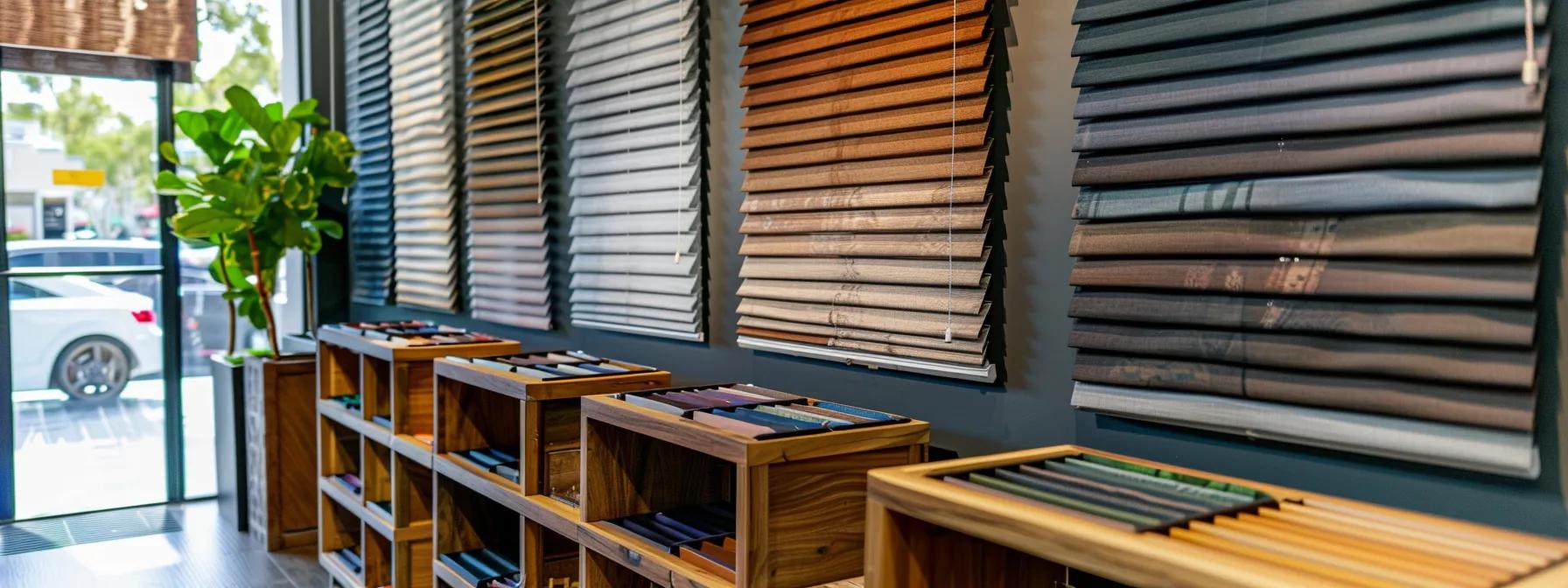 a display of various room darkening shades in a chic los angeles showroom with elegant wood options and sleek blackout shades.