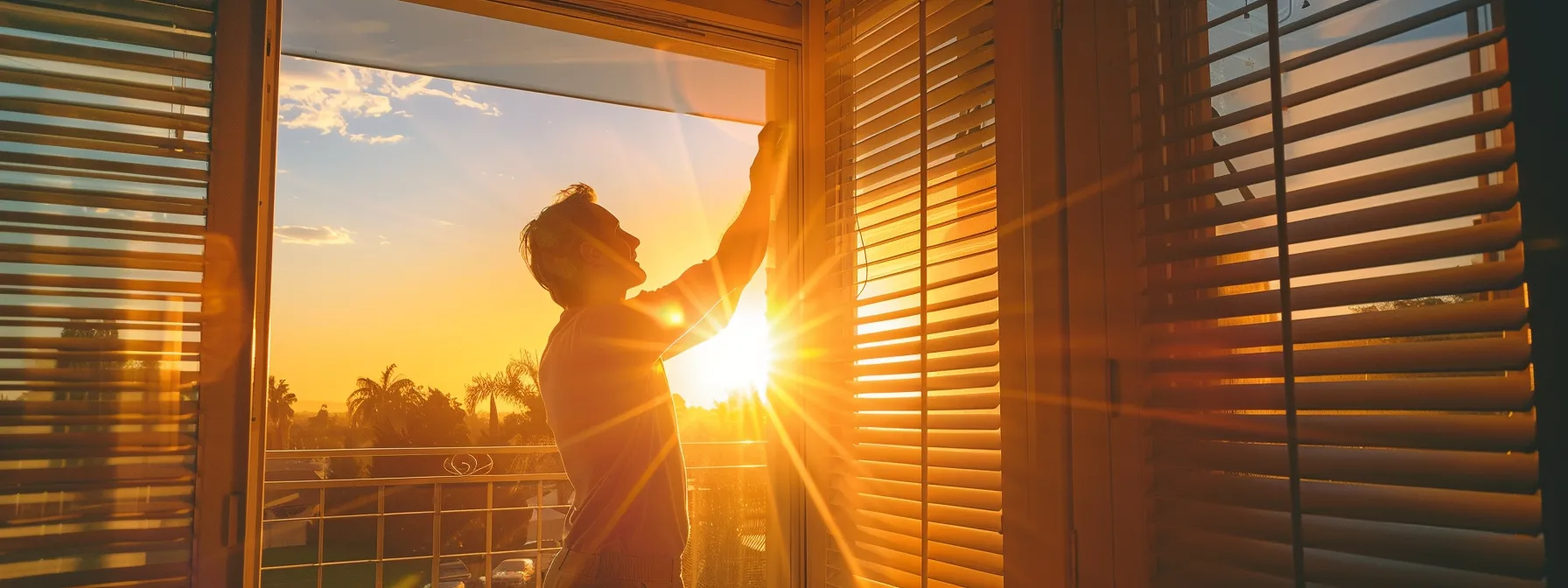 a homeowner confidently installing rolling shutters in their los angeles residence as the sun sets in the background, showcasing a sense of independence and determination.