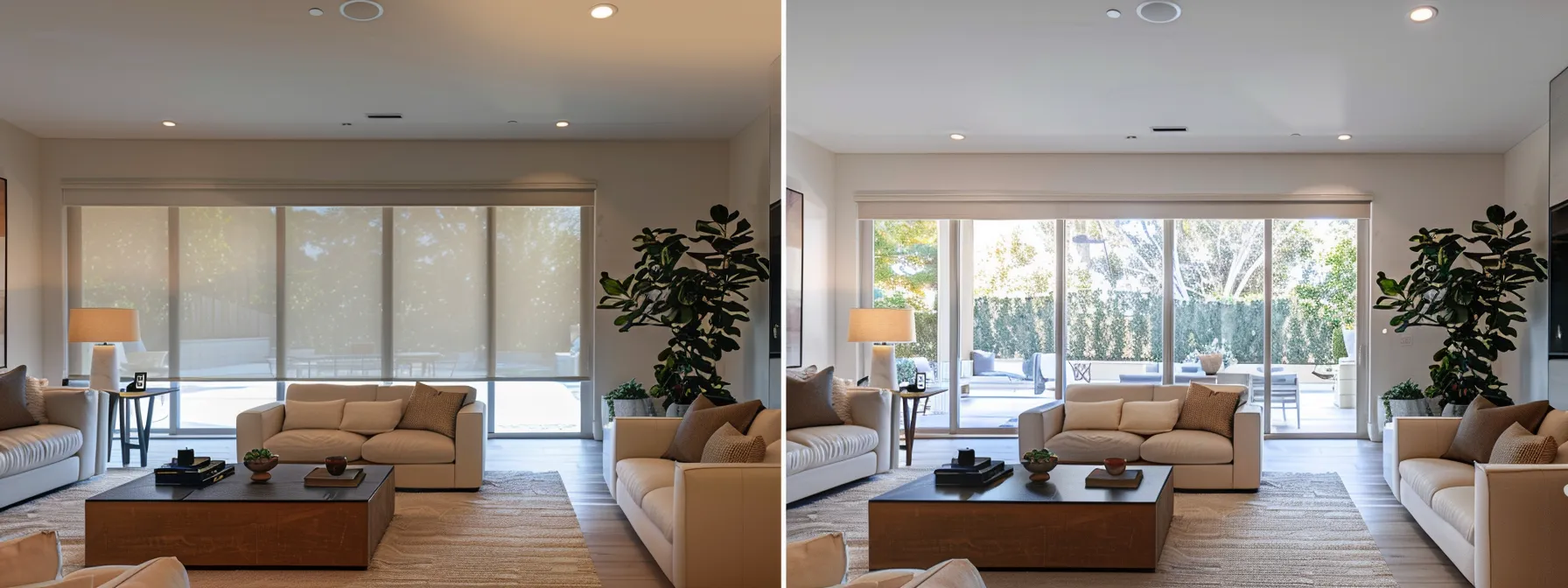 a modern living room featuring sleek, motorized lutron shades effortlessly adjusting for optimal light control.