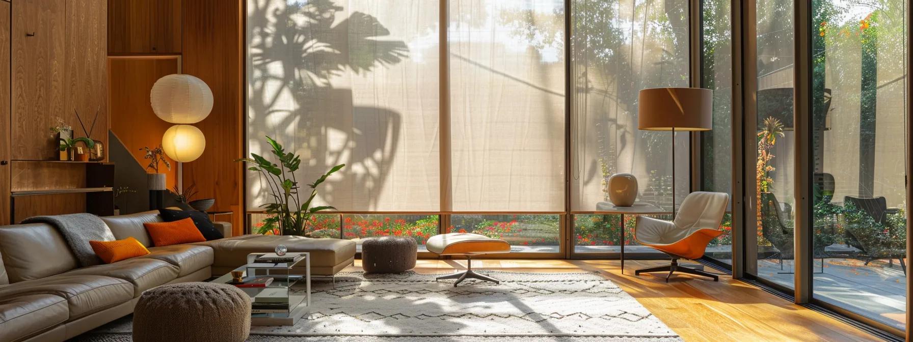 a modern living room in los angeles bathed in soft sunlight, featuring elegant sheer roller shades that gracefully filter light while complementing vibrant, eco-friendly decor.