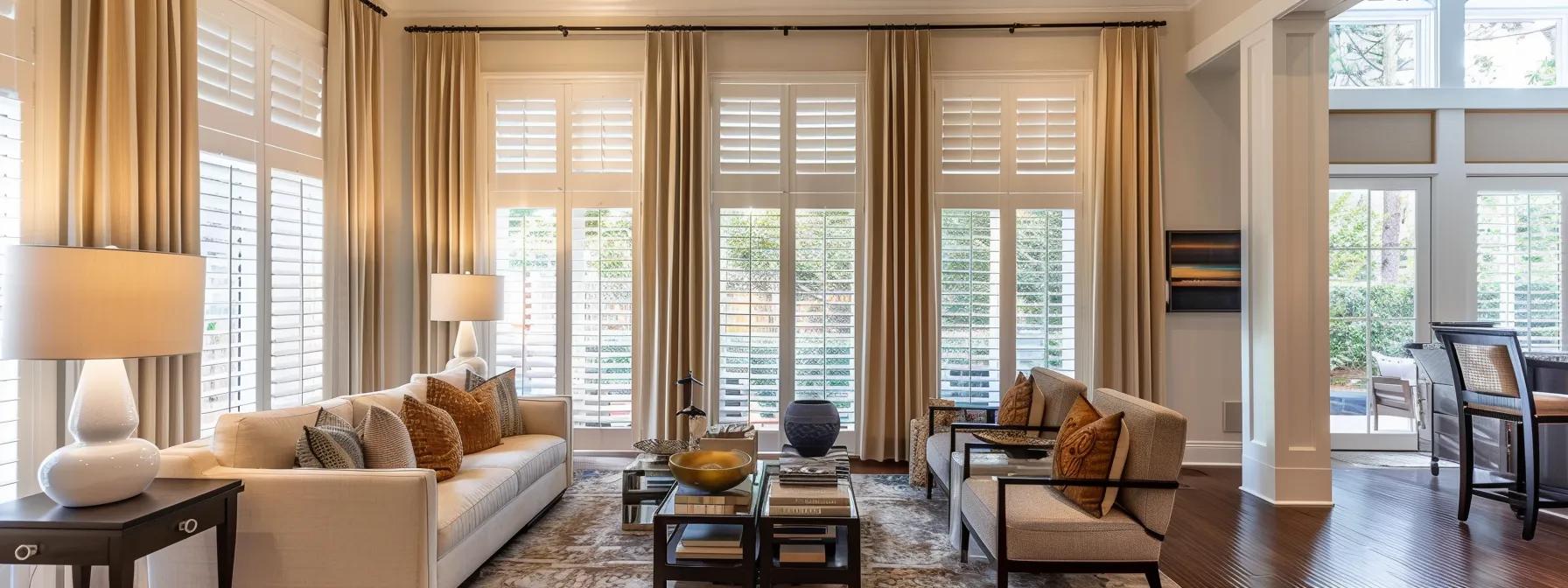 a modern living room showcasing a variety of window coverings, including sleek roller shades, elegant drapes, and timeless plantation shutters, with airy sheer curtains and decorative valances adding flair.