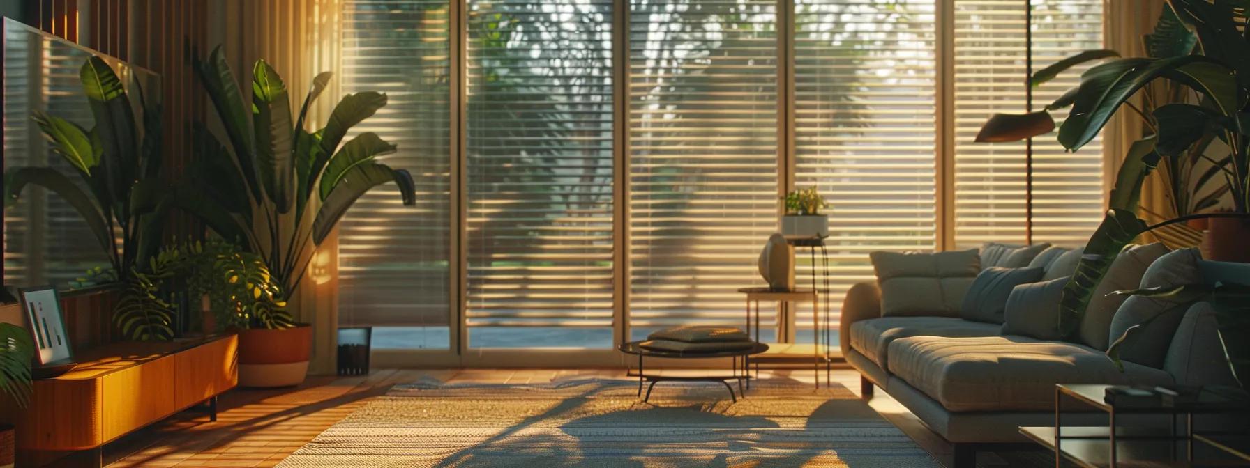 a modern living room with sleek, eco-friendly window coverings offering privacy and energy-saving benefits.