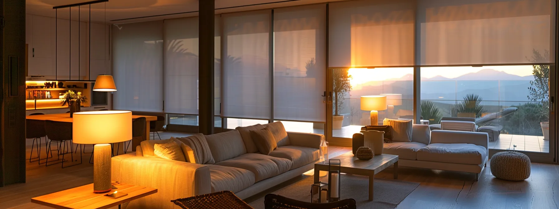 a modern living room with sleek lutron shades seamlessly integrated into a home automation system, offering streamlined control over light and heat management.