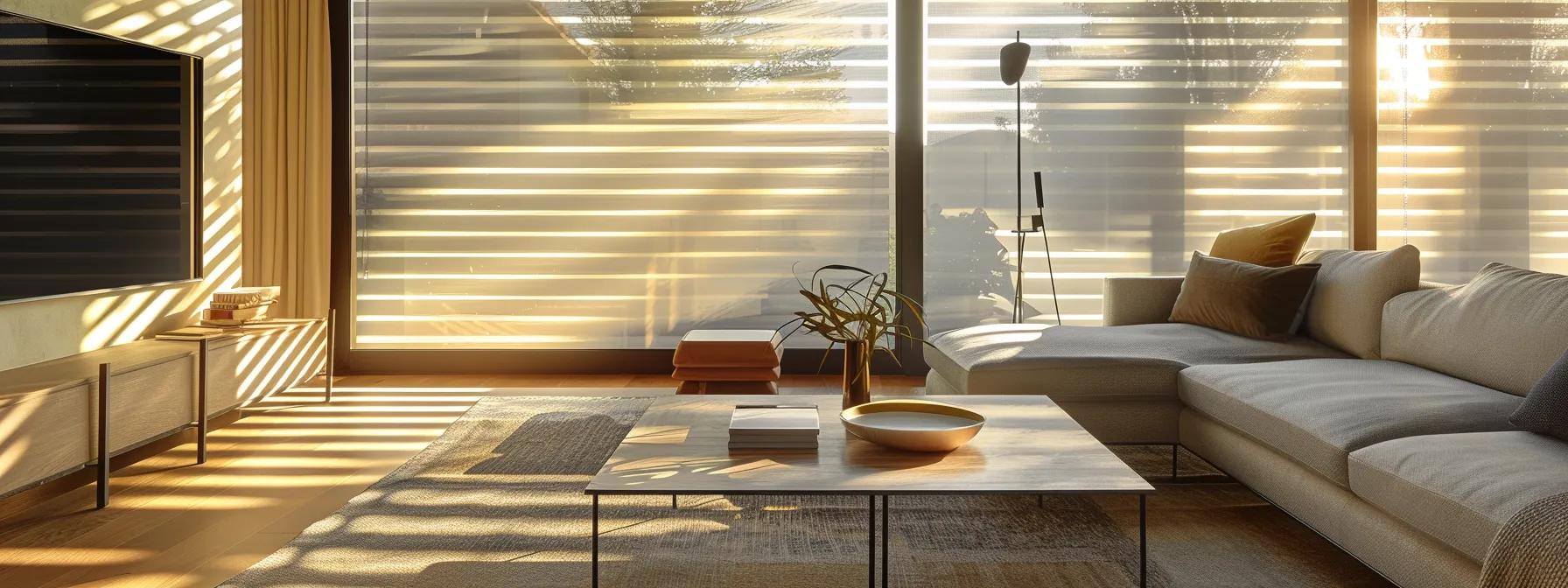 a modern living room with sleek energy-efficient window blinds in los angeles casting a soft, eco-friendly glow, enhancing the space while reducing utility bills.