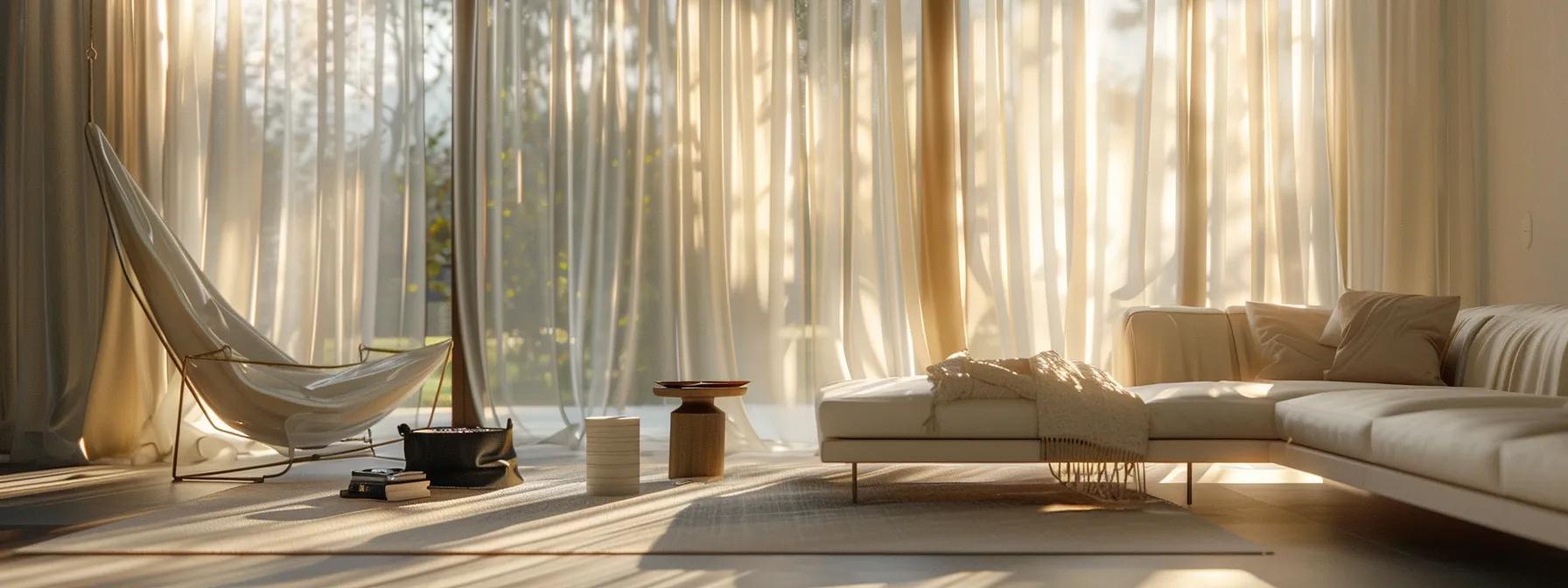 a modern living room with elegant, flowing curtains made of sheer, natural fabric gently filtering sunlight into the room.