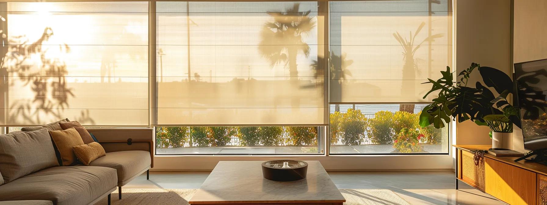 a modern, sleek window shade in a los angeles home blends seamlessly with coastal decor, filtering sunlight and enhancing the room's aesthetic appeal.