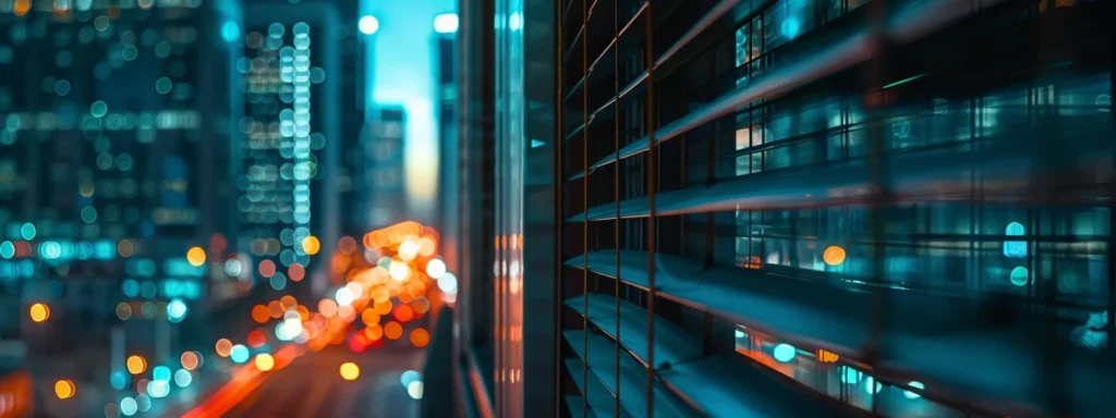 a row of sleek, modern rolling shutters in los angeles reflecting the vibrant city lights at night.