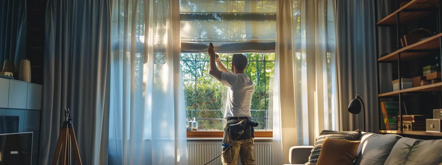 a skilled professional carefully measuring and installing elegant window coverings in a stylish home setting.