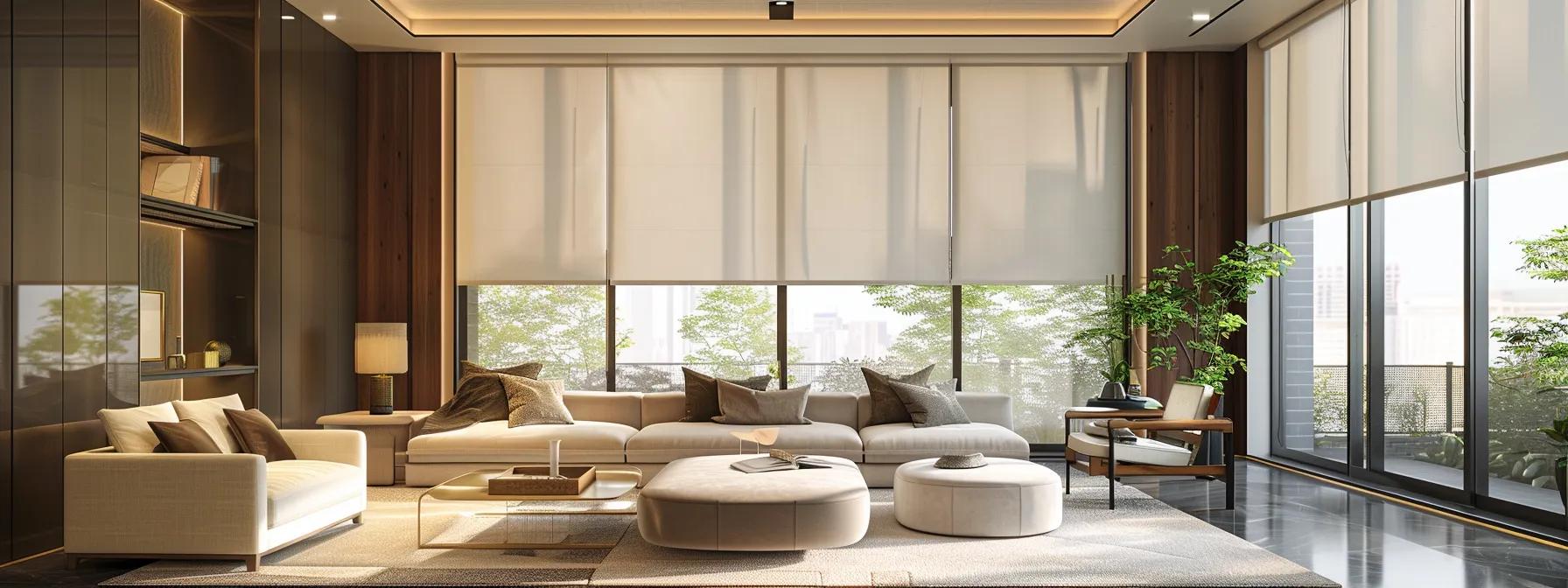 a sleek and modern living room with elegant roller shades, timeless roman shades, and energy-efficient cellular shades, all complementing each other in perfect harmony.