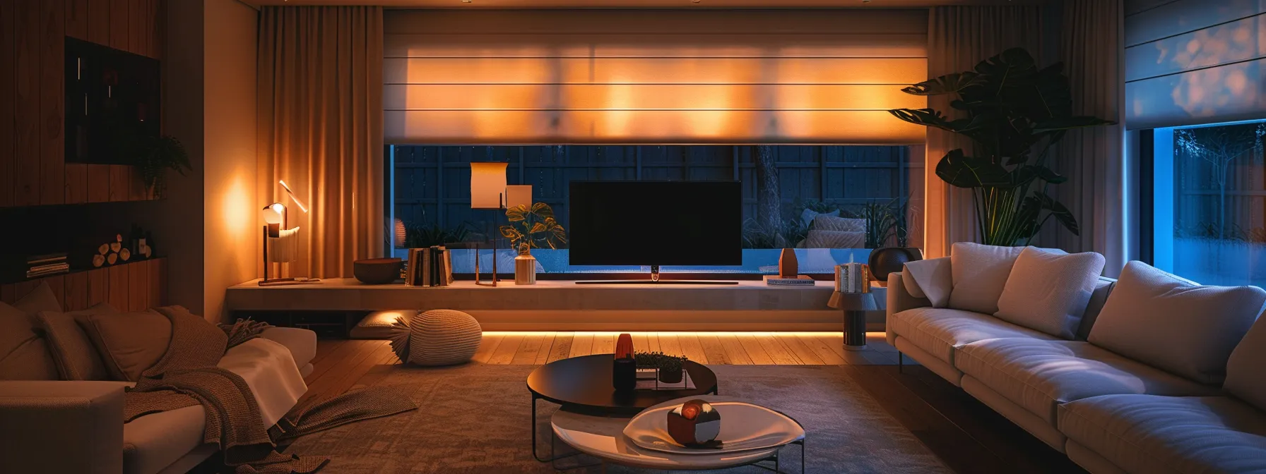 a sleek, modern living room featuring lutron's smart shading solutions with elegant serena shades and motorized blinds effortlessly adjusting to control the natural light streaming in.