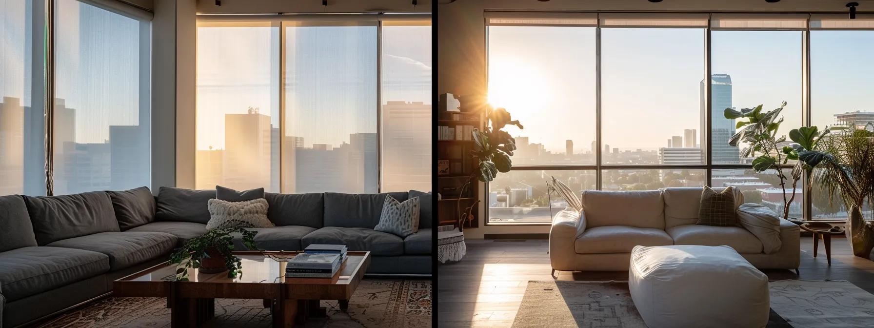 a sleek, sun-drenched los angeles living room features effortlessly installed roller shades that gracefully filter soft light through expansive windows, creating a serene and stylish atmosphere.