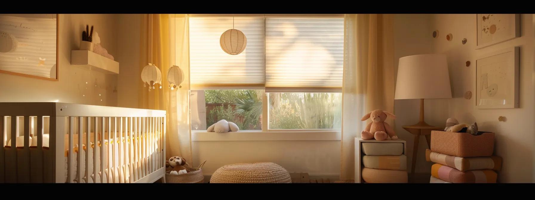 a tranquil nursery in los angeles, featuring sleek room darkening shades with honeycomb structures, creating a cozy and peaceful atmosphere for better sleep.