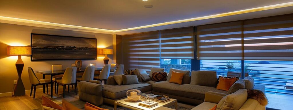 an elegant living room in los angeles with sleek, modern room darkening shades drawn, casting a cool, dim light over the sophisticated decor.