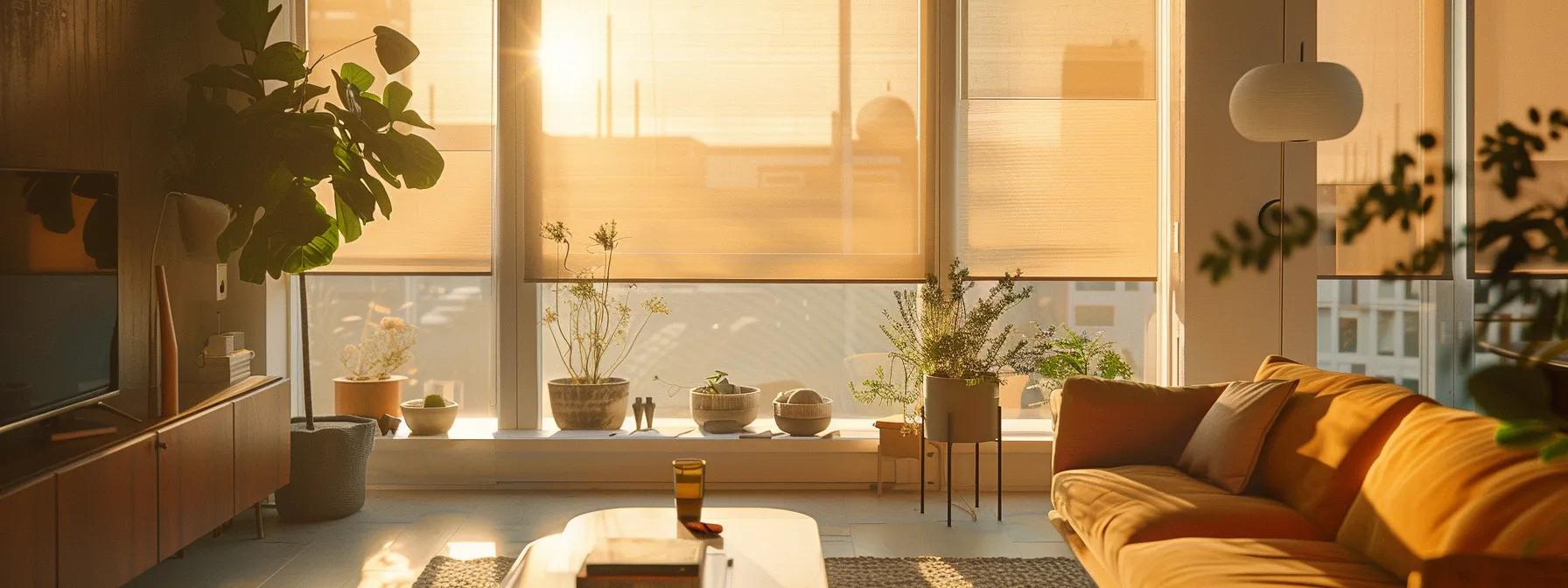 a bright, airy modern living room bathed in soft, filtered sunlight through sleek, patterned roller shades that perfectly complement the contemporary decor.