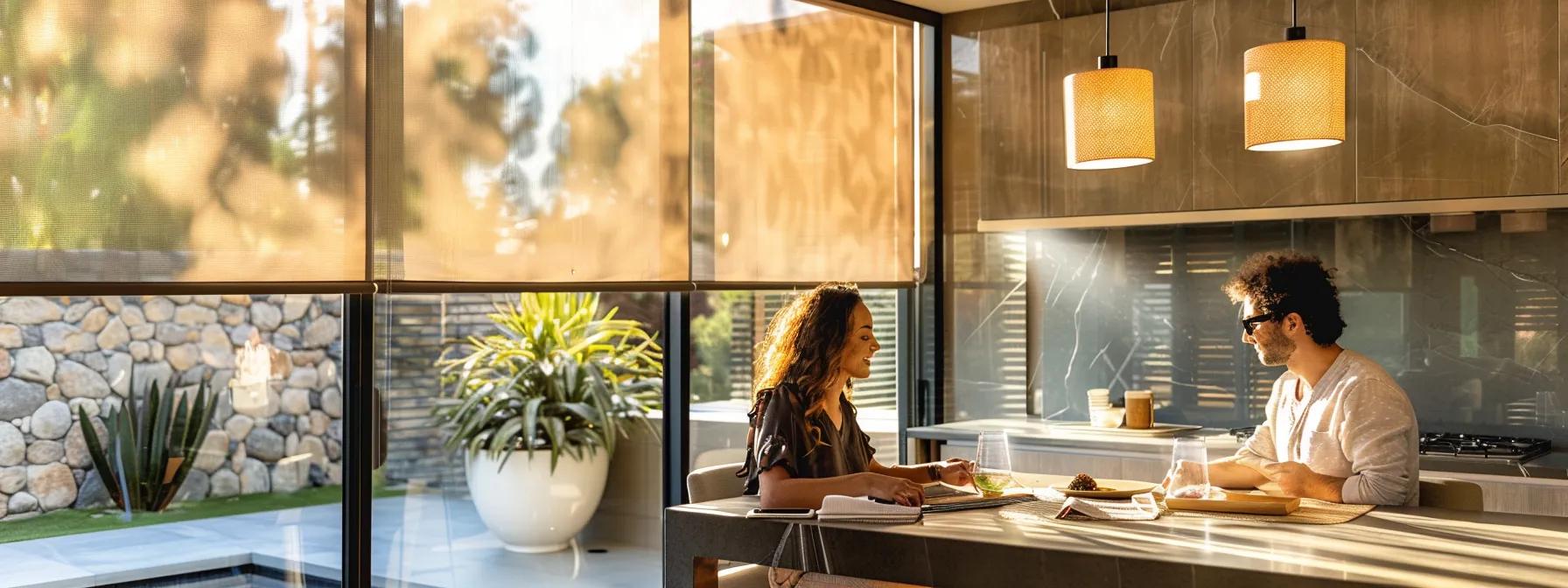 a professional interior designer consults with a team of experts to customize and install high-quality indoor solar shades, ensuring a stylish and functional solution for their client's space.