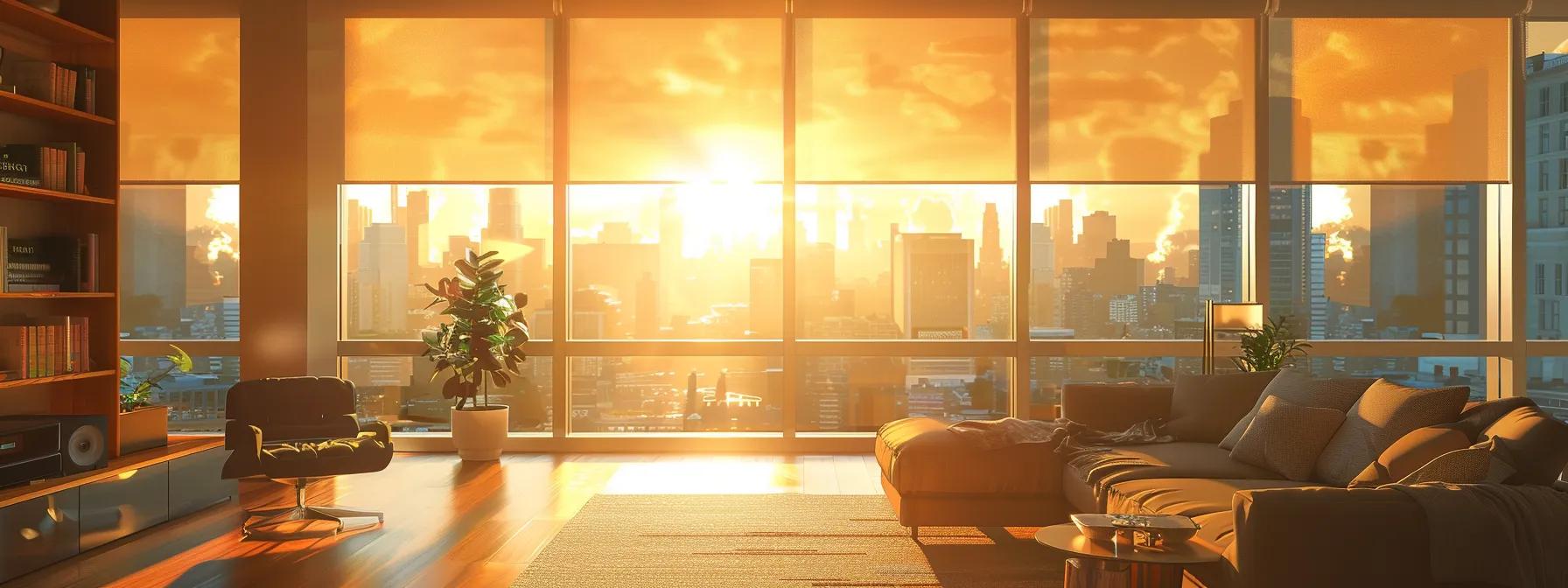 a sleek, modern living room bathed in warm sunlight features elegantly drawn roller shades, seamlessly blending style and functionality against a backdrop of vibrant city views.