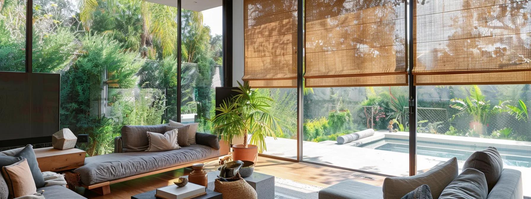 a stylish living room in los angeles features custom bamboo roller shades, tailored to perfectly complement the modern furniture and sliding glass door blinds.