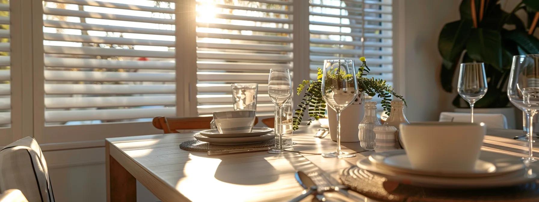 sunlight filtering through spotlessly clean white window blinds in a charming west los angeles dining room, showcasing their long-lasting beauty.