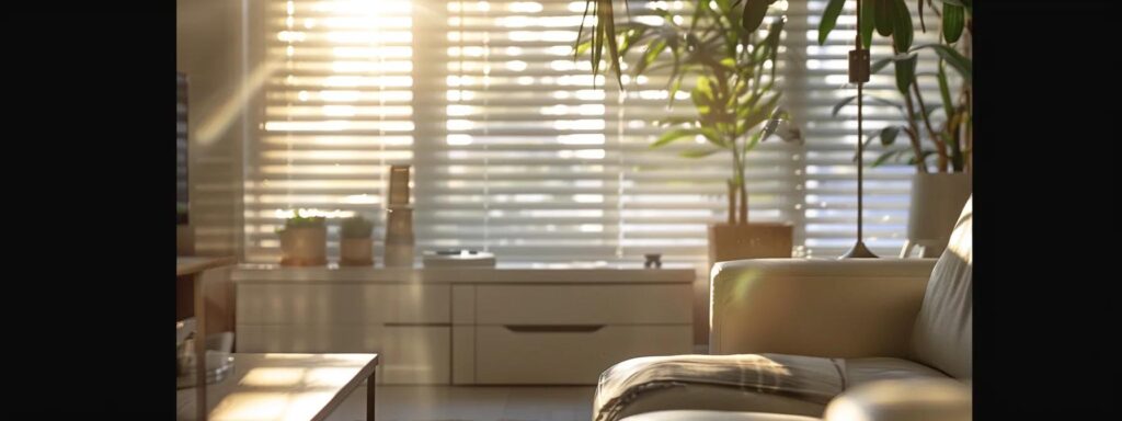 sunlight streaming through elegant, white window blinds in a modern los angeles apartment.