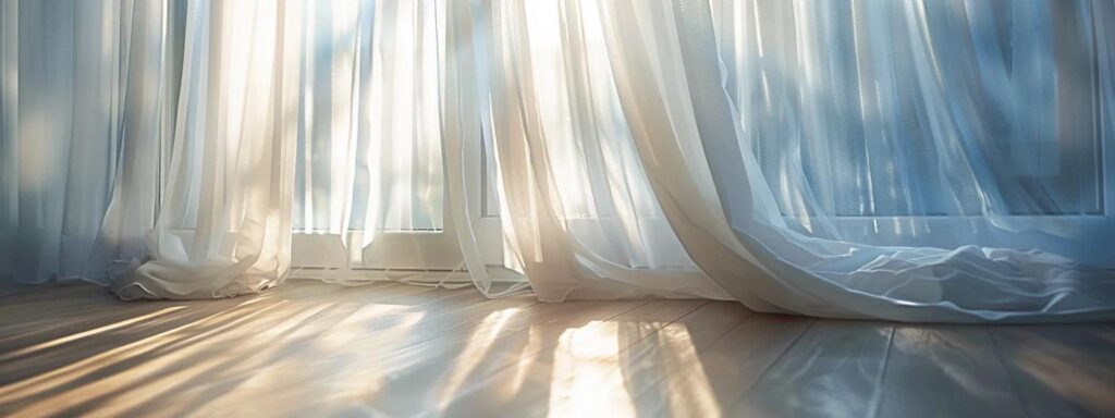 sunlight streaming through sheer white curtains, casting a soft, ethereal glow in a serene bedroom.