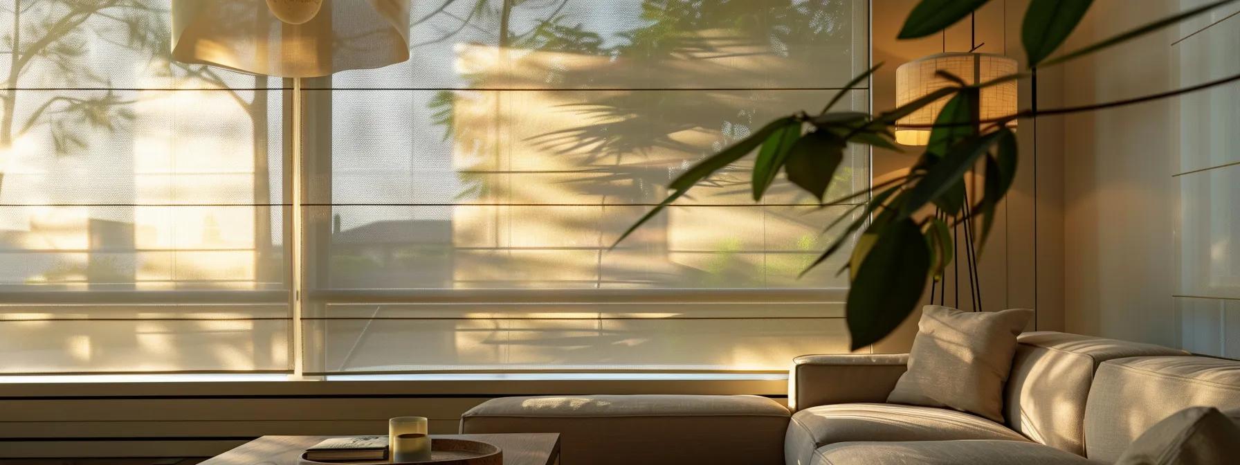 a modern living room with sleek, elegant roman blinds hanging by the window, casting soft shadows on a tastefully decorated space in los angeles.